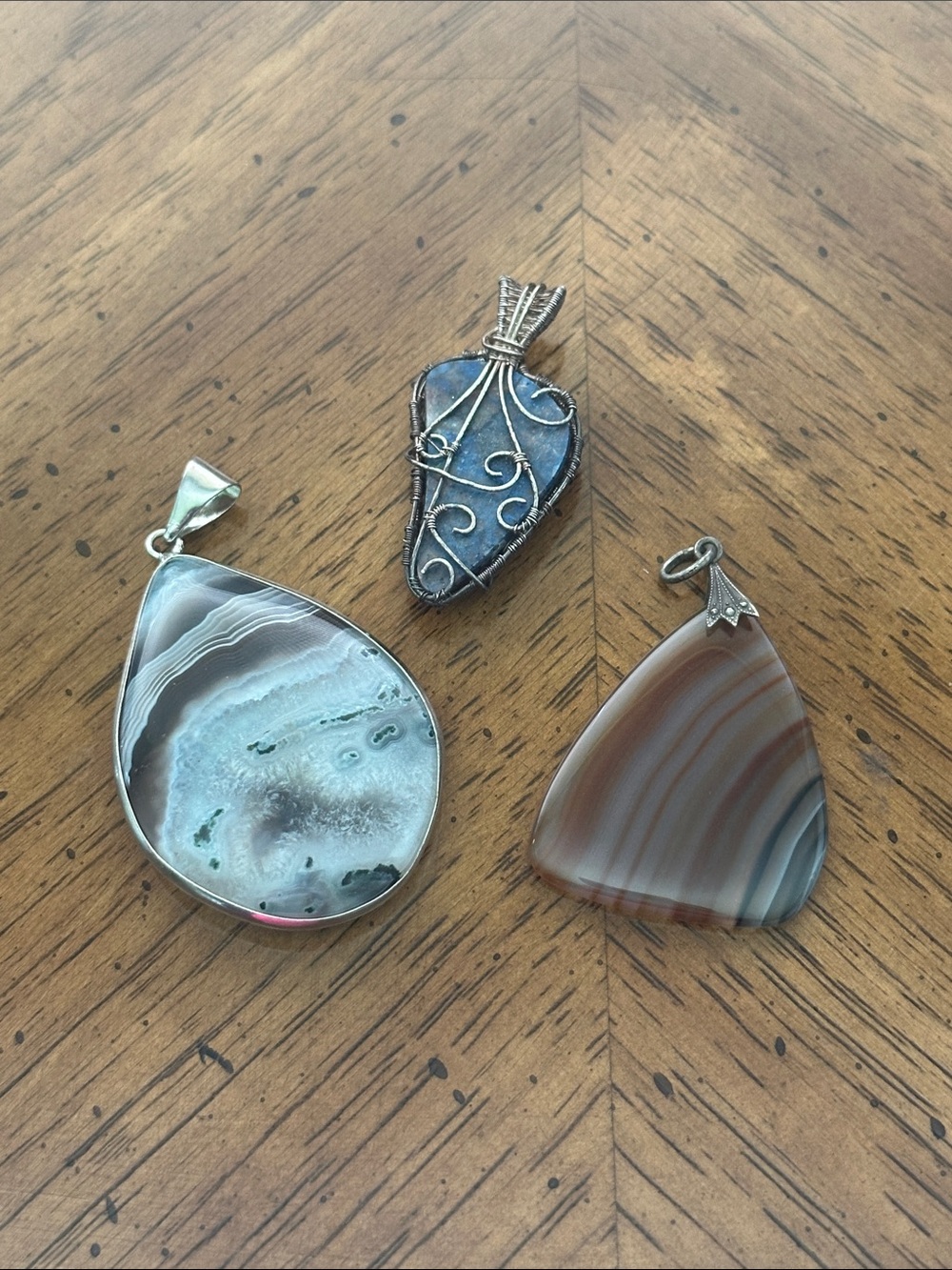 Set of 3 stone pendants. Agate Stone Pendant Necklace - Brown and Gray Teardrop